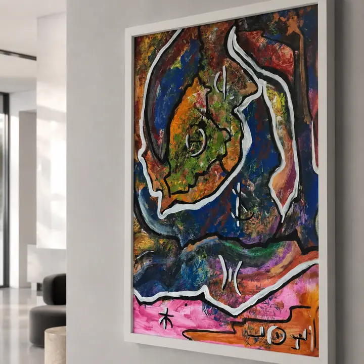 Abstrakt målning av Enrico Strada med vita konturer mot blått, orange och rosa